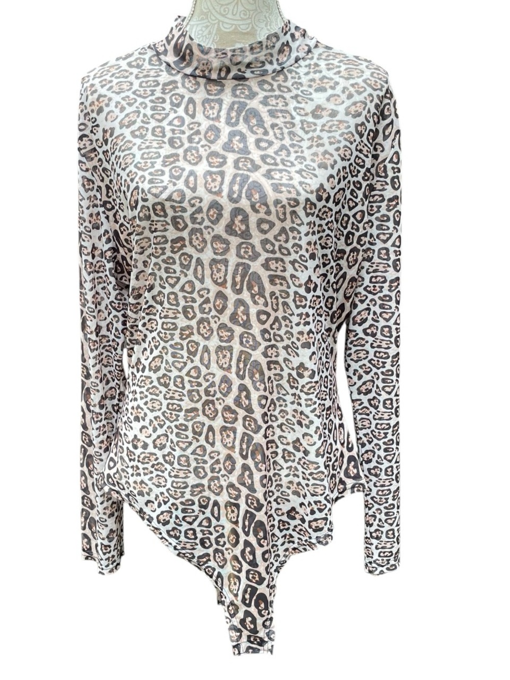 Leopard Print Mock Neck Long Sleeve Top mesh bodysuit Cream Brown size 4X